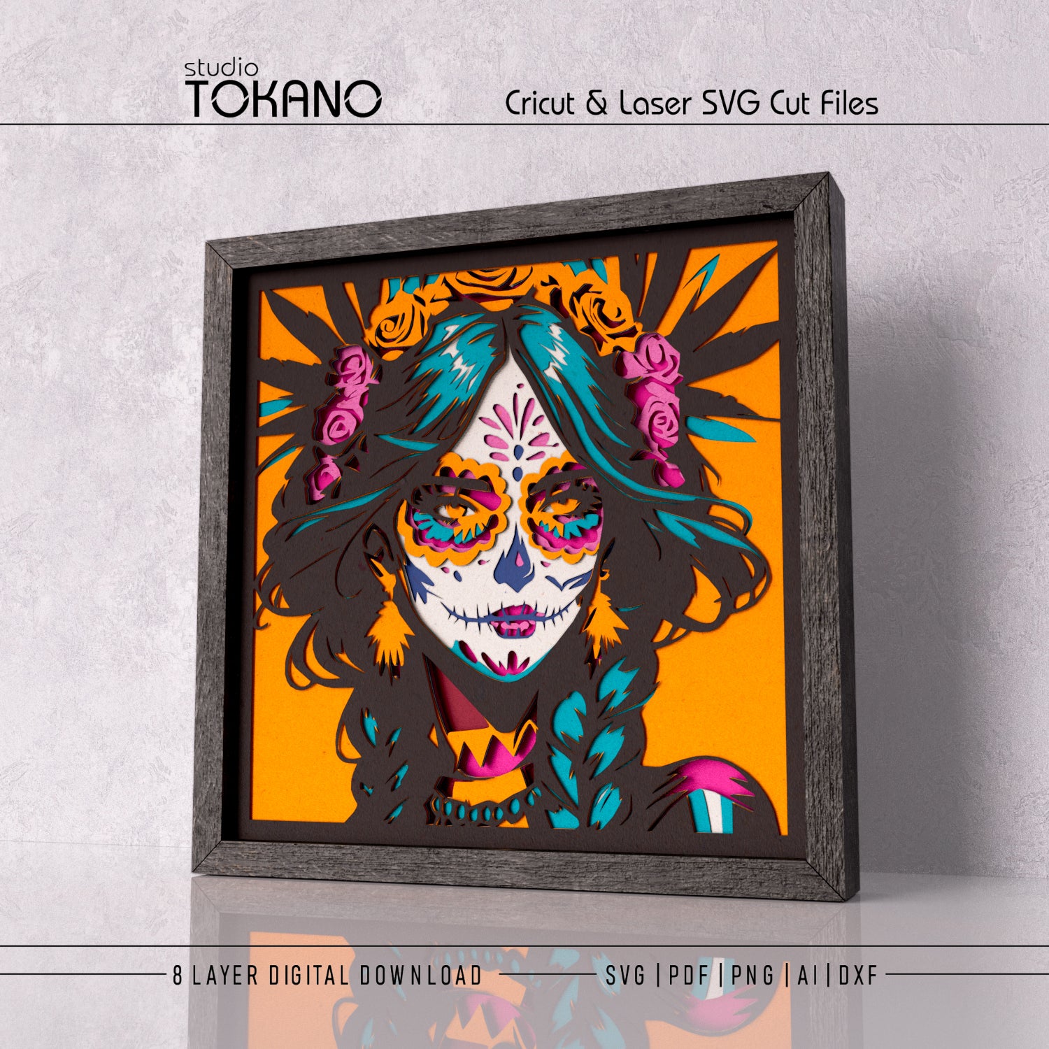 Día de los Muertos shadow box SVG shown as colorful Mexican-inspired skull girl wall art with stacked cardstock layers.