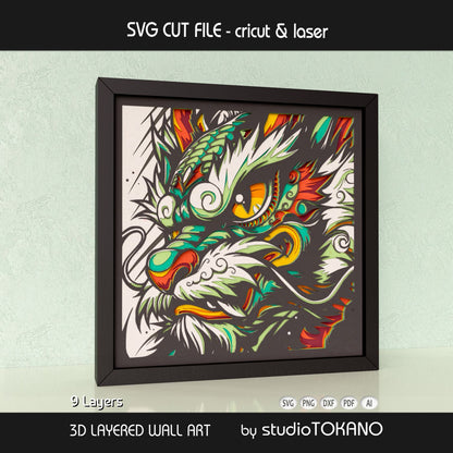 Dragon 3D layered shadow box art designed as a Cricut and laser cut file for fantasy decor and handmade gifts.