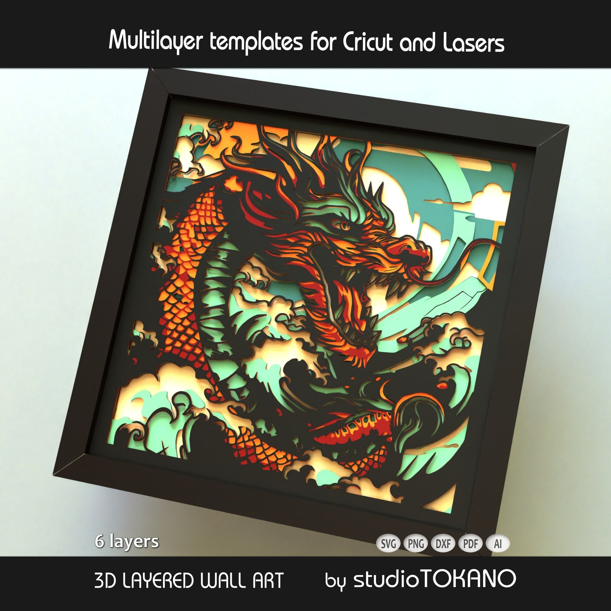Close-up of the dragon layered SVG design showing bold facial details, flowing shapes, and 6-layer construction.