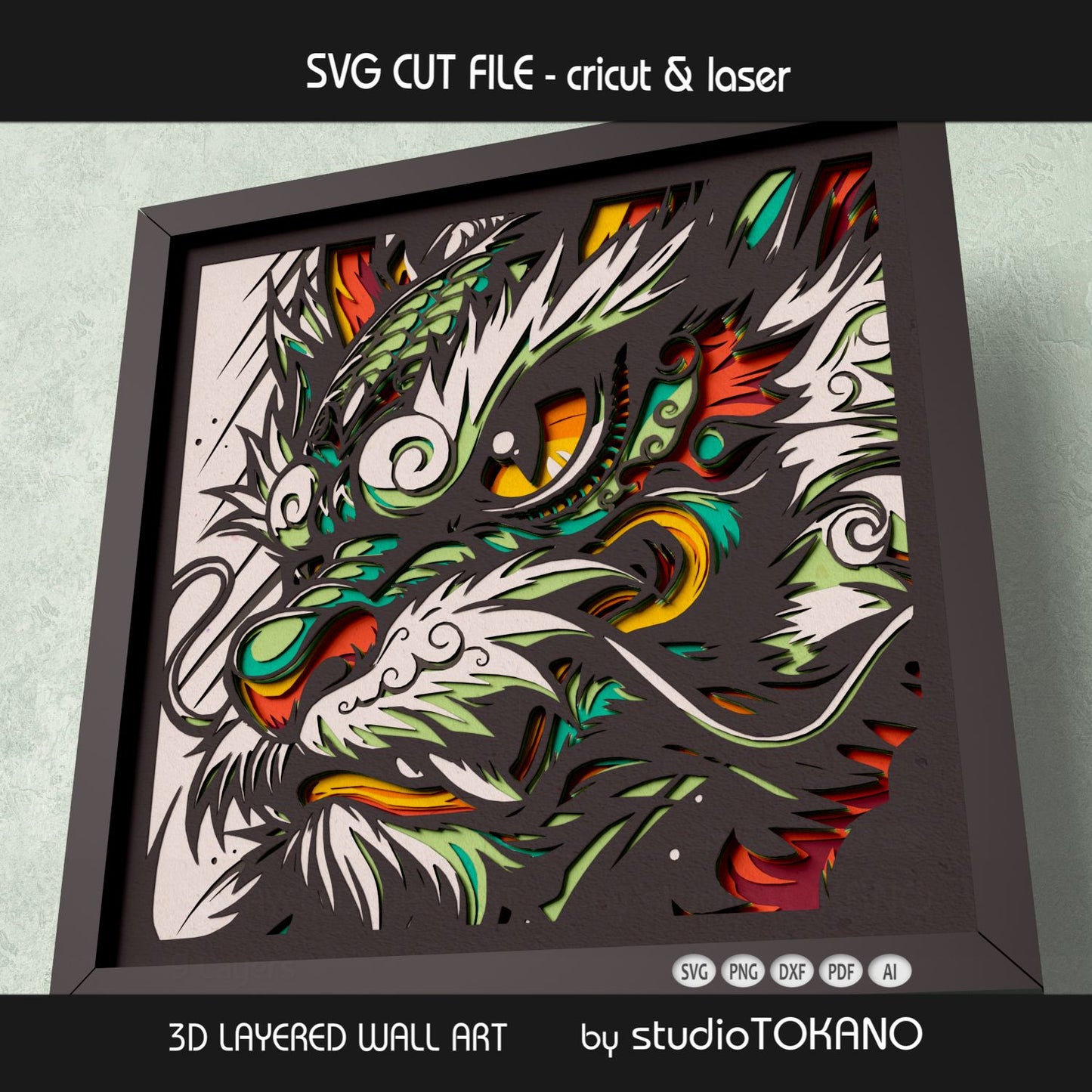 Close-up of the dragon layered SVG design showing sharp facial details, fiery color accents, and 9-layer construction.