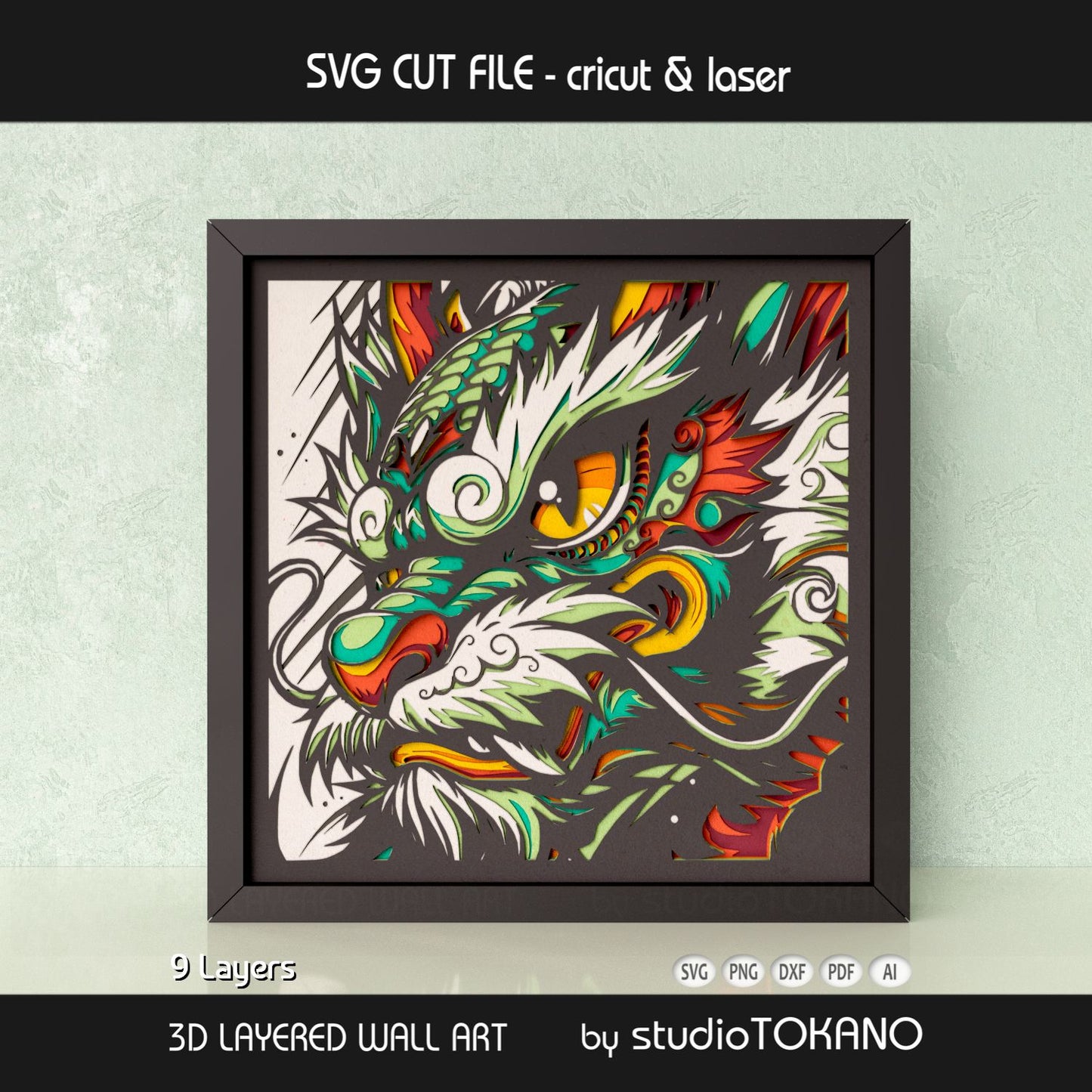 Dragon shadow box SVG displayed as framed 9-layer fantasy wall art for Cricut and laser cutting.