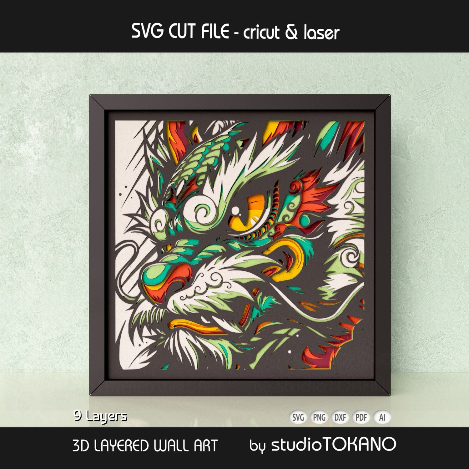 Dragon shadow box SVG displayed as framed 9-layer fantasy wall art for Cricut and laser cutting.