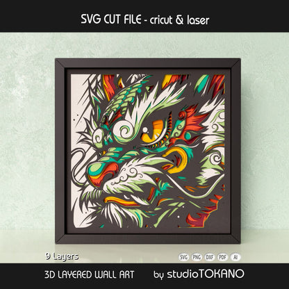 Dragon shadow box SVG displayed as framed 9-layer fantasy wall art for Cricut and laser cutting.