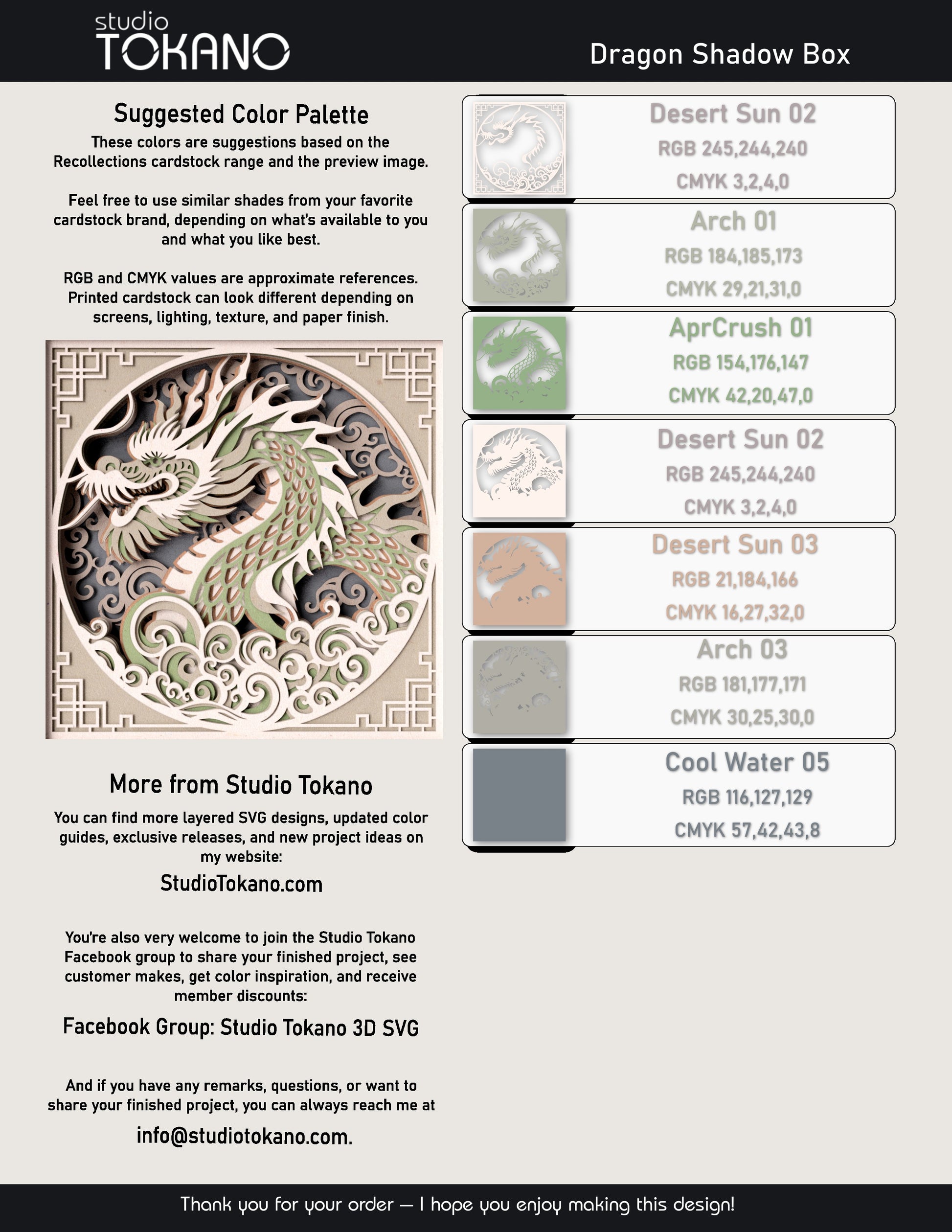 Dragon shadow box SVG layer guide showing the separate papercut layers and color arrangement for Cricut and laser cut assembly.