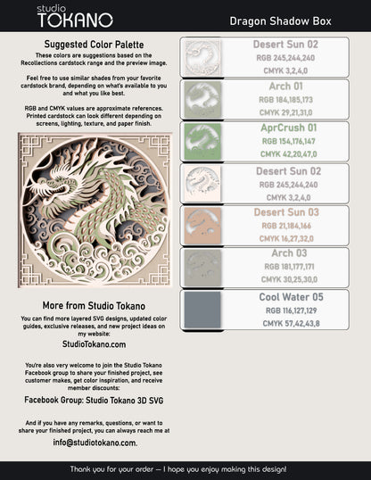Dragon shadow box SVG layer guide showing the separate papercut layers and color arrangement for Cricut and laser cut assembly.