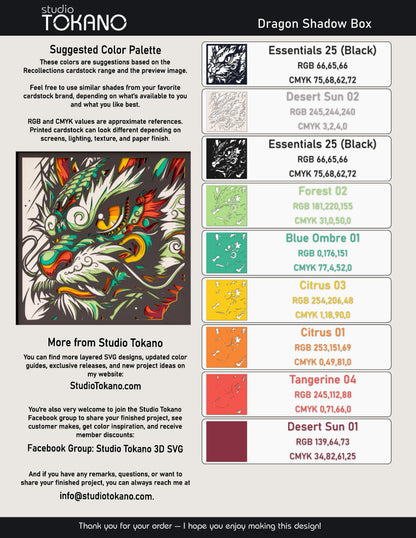 Dragon shadow box SVG layer guide showing the separate papercut layers and color arrangement for Cricut and laser cut assembly.