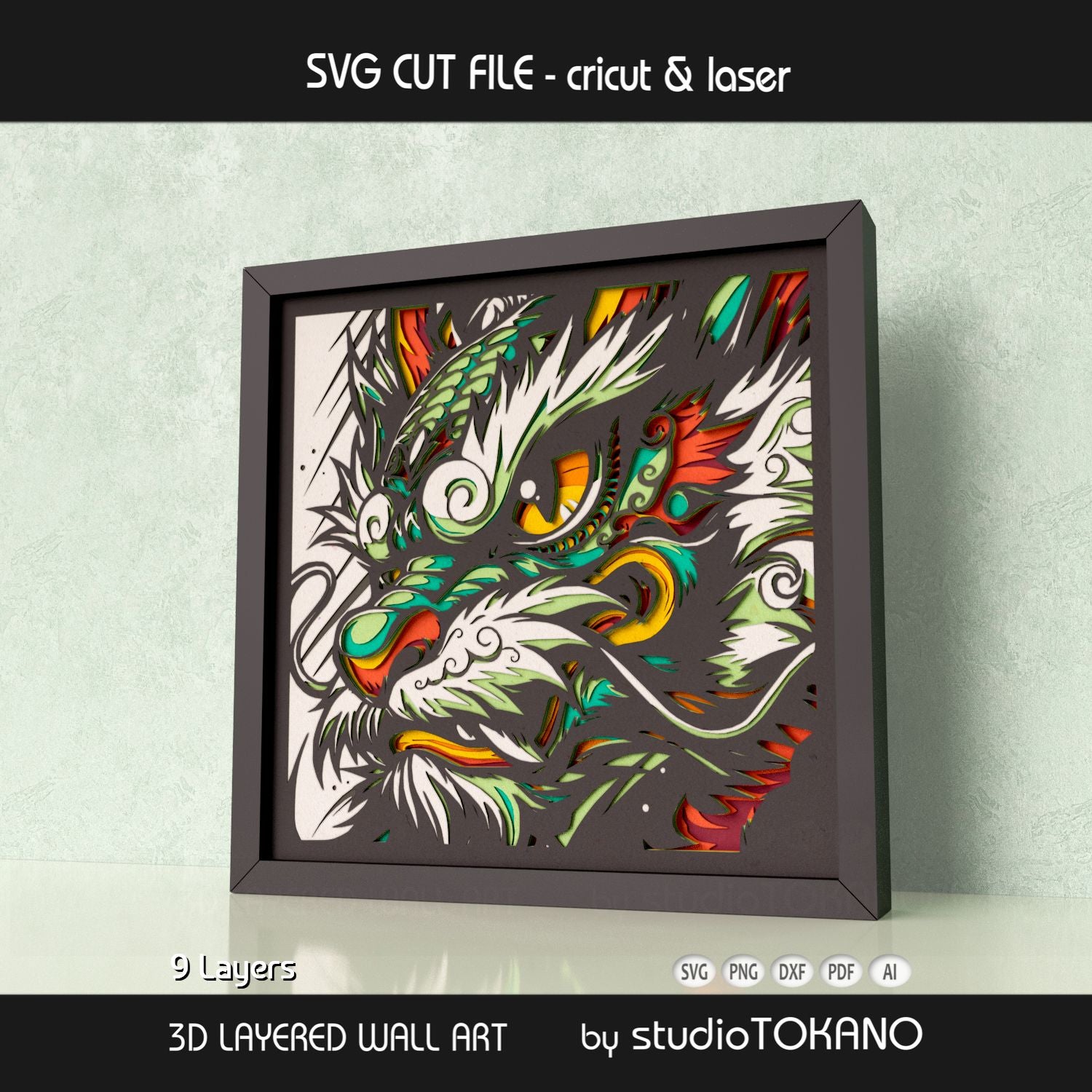 Side-angle view of the dragon shadow box SVG showing clean cut edges, layered cardstock depth, and detailed fantasy artwork.