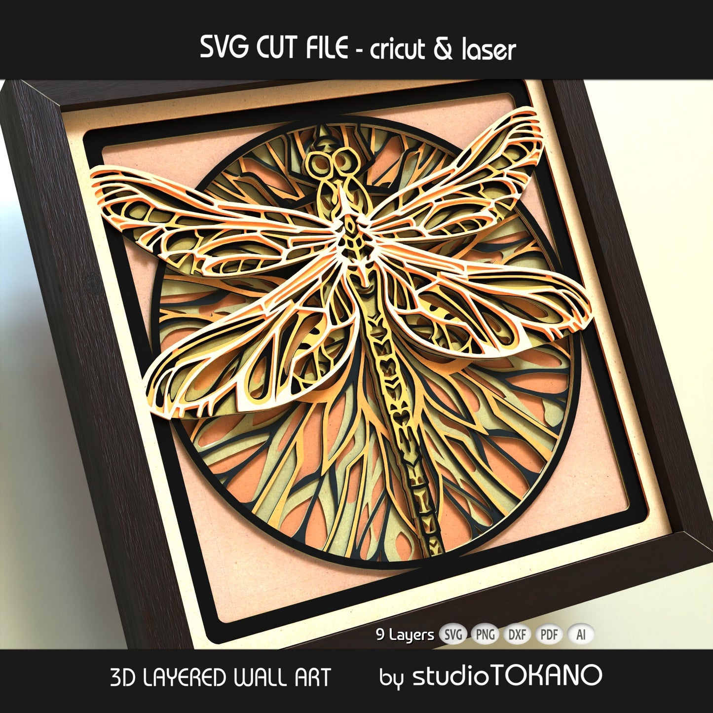Dragonfly papercut wall art displayed in a shadow box frame as elegant insect decor and botanical-inspired craft art.dragonfly-papercut-wall-art