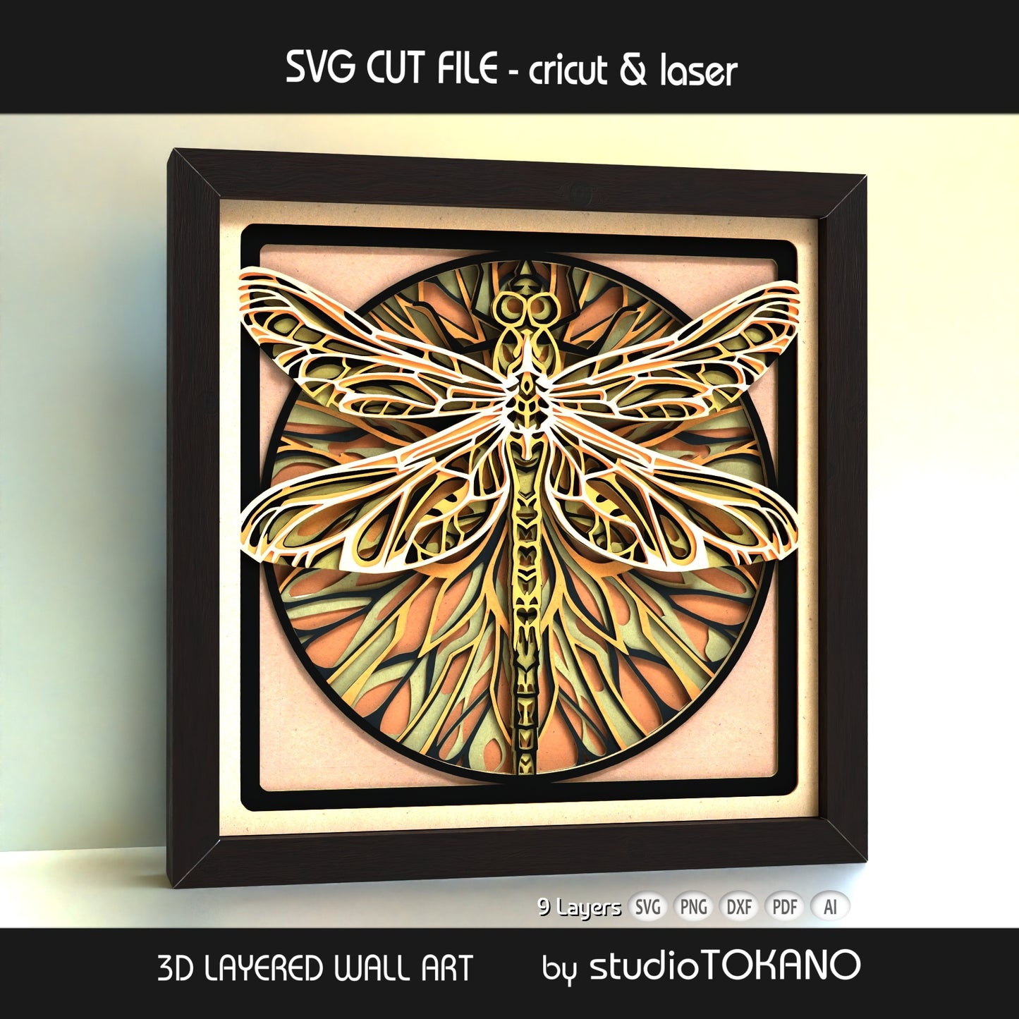 Dragonfly shadow box SVG shown as elegant Art Nouveau wall decor for Cricut, Silhouette, Glowforge, and xTool projects.