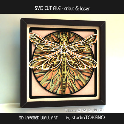 Dragonfly shadow box SVG shown as elegant Art Nouveau wall decor for Cricut, Silhouette, Glowforge, and xTool projects.