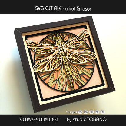 Dragonfly 3D layered shadow box art designed as a Cricut and laser cut file for nature-inspired wall decor.