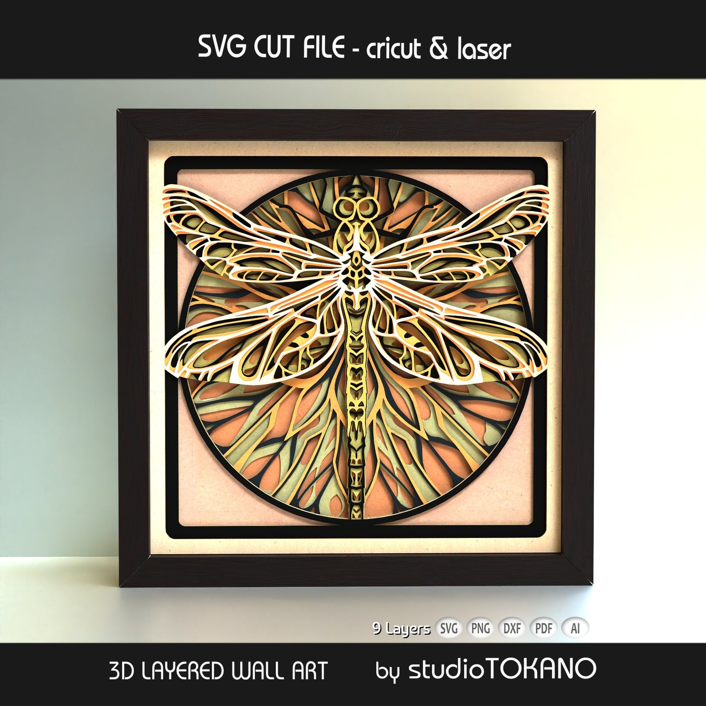 Dragonfly shadow box SVG displayed as framed 9-layer Art Nouveau wall art for Cricut and laser cutting.
