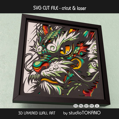 Fantasy dragon papercut wall art displayed in a shadow box frame as bold mythical wall decor and layered paper craft art.