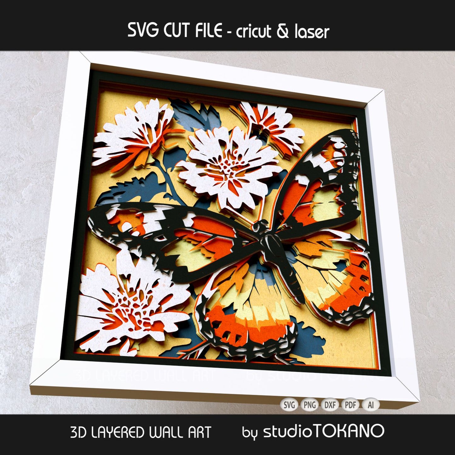 Floral monarch butterfly shadow box SVG shown as 3D layered paper art for Cricut cardstock projects and laser cutting.