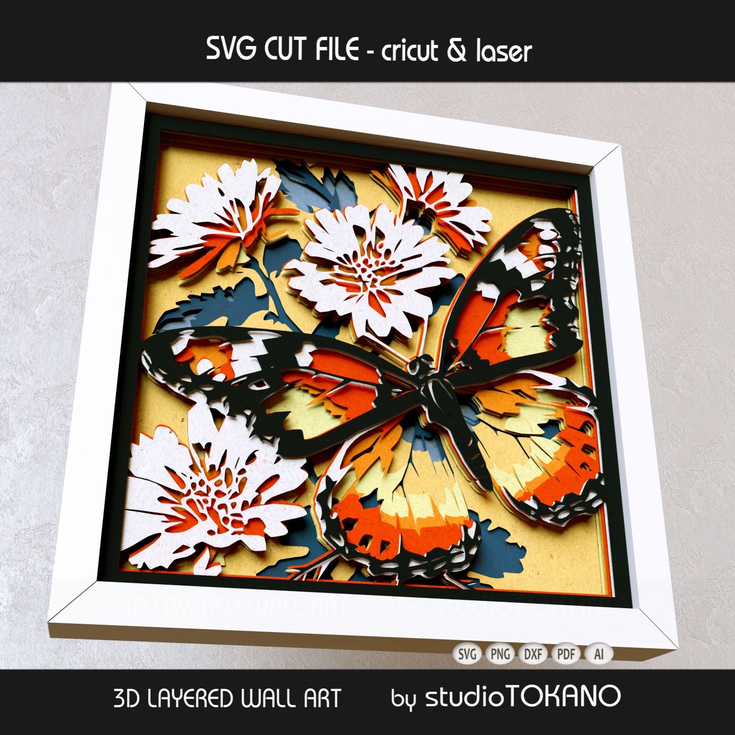 Floral monarch butterfly shadow box SVG shown as 3D layered paper art for Cricut cardstock projects and laser cutting.