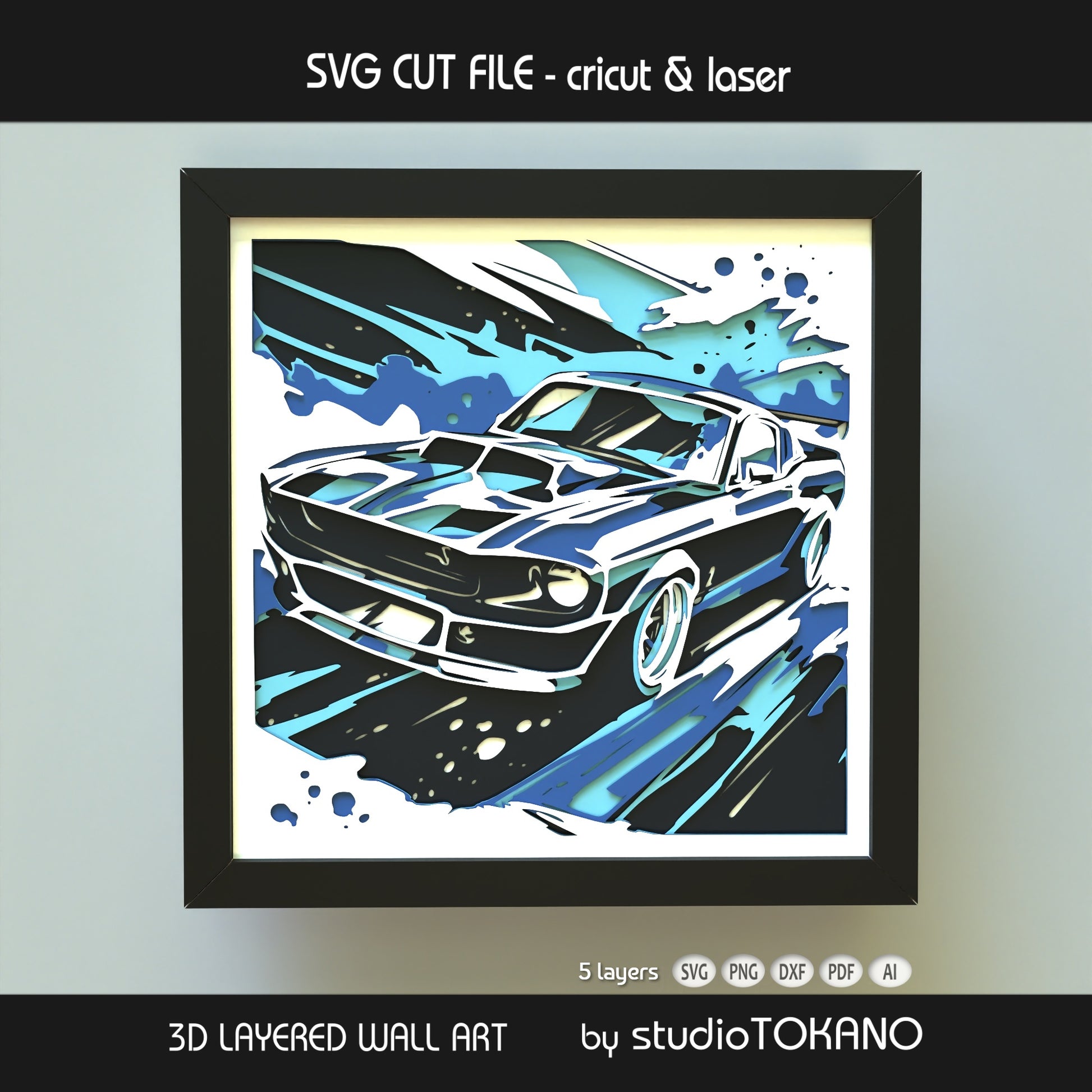 Sporty oldtimer shadow box cut file shown with stacked cardstock layers, clean 3D depth, and a speed-inspired design.