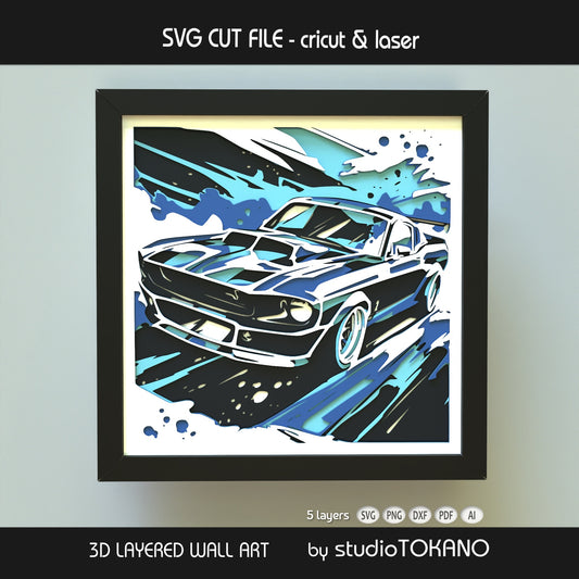 Sporty oldtimer shadow box cut file shown with stacked cardstock layers, clean 3D depth, and a speed-inspired design.