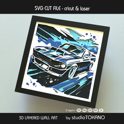 Classic car digital download with layered cut file formats including SVG, DXF, PDF, PNG, and AI for Cricut and laser cut assembly.