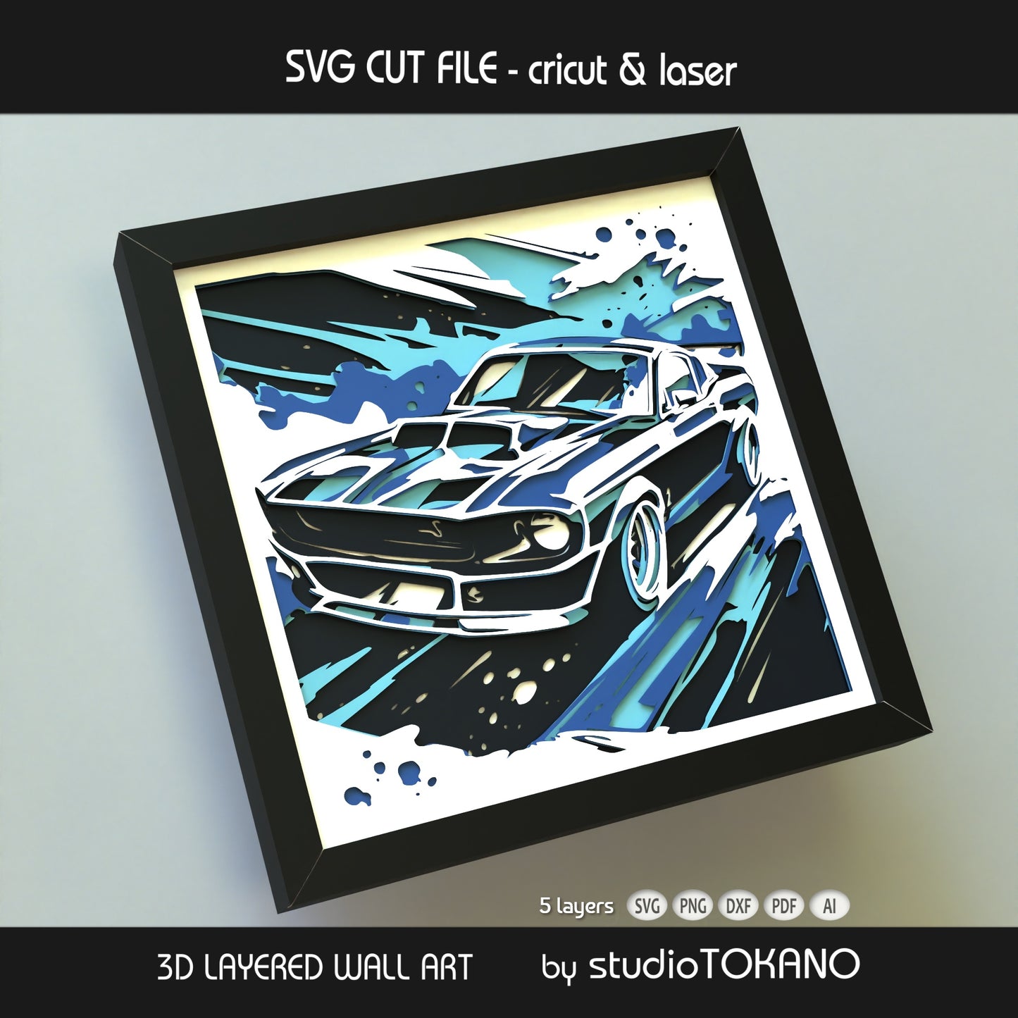 Finished classic muscle car layered papercut design shown as framed car wall art for garage decor, man cave decor, and automotive crafts.