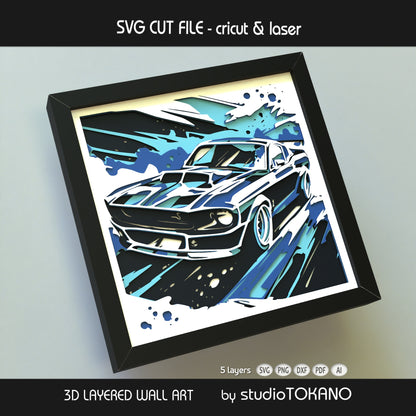 Finished classic muscle car layered papercut design shown as framed car wall art for garage decor, man cave decor, and automotive crafts.