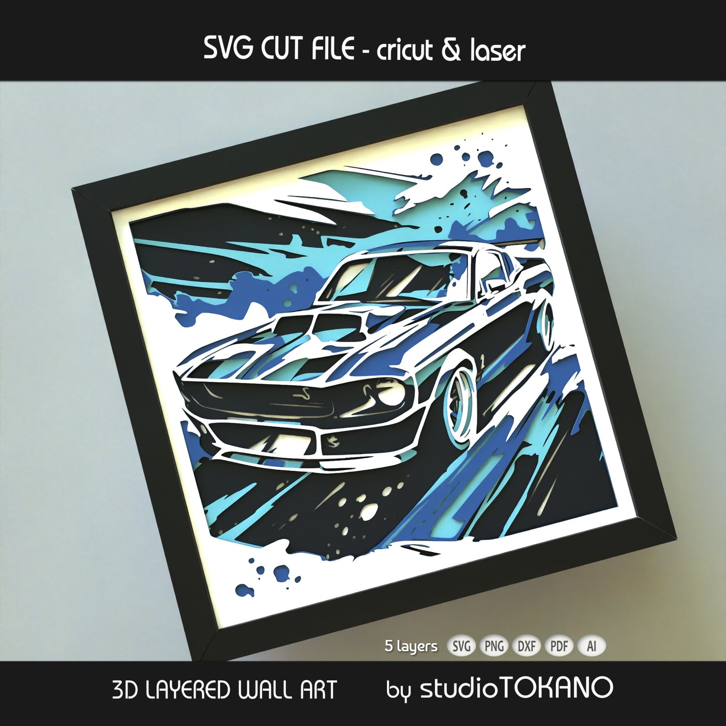 Mustang-inspired shadow box SVG with a fast, dynamic car composition, layered depth, and bold automotive wall art style.