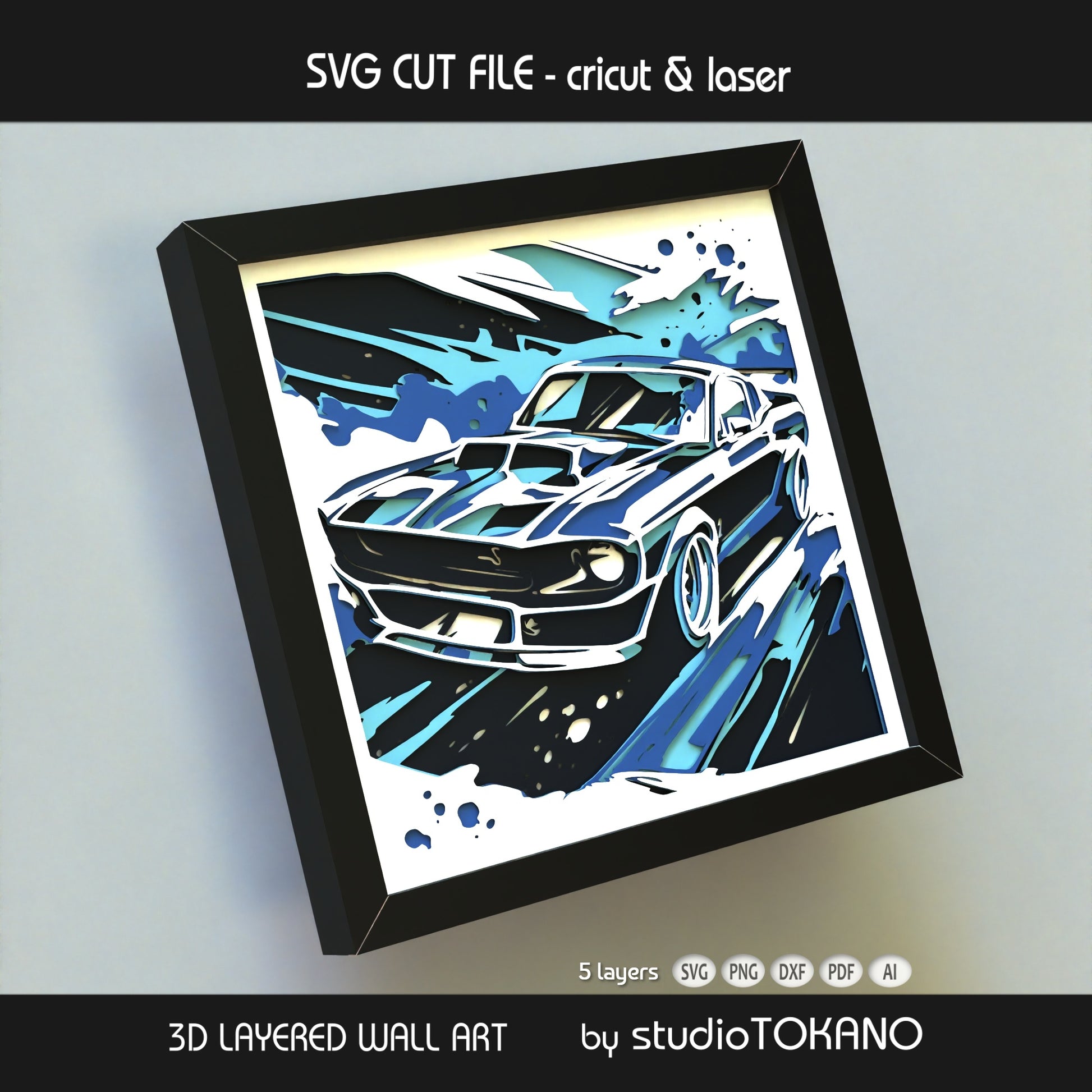 Oldtimer car 3D layered wall art in cardstock, shown as a modern shadow box SVG for Cricut and laser cutting projects.