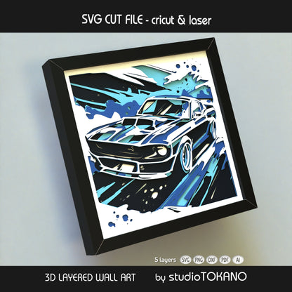 Oldtimer car 3D layered wall art in cardstock, shown as a modern shadow box SVG for Cricut and laser cutting projects.