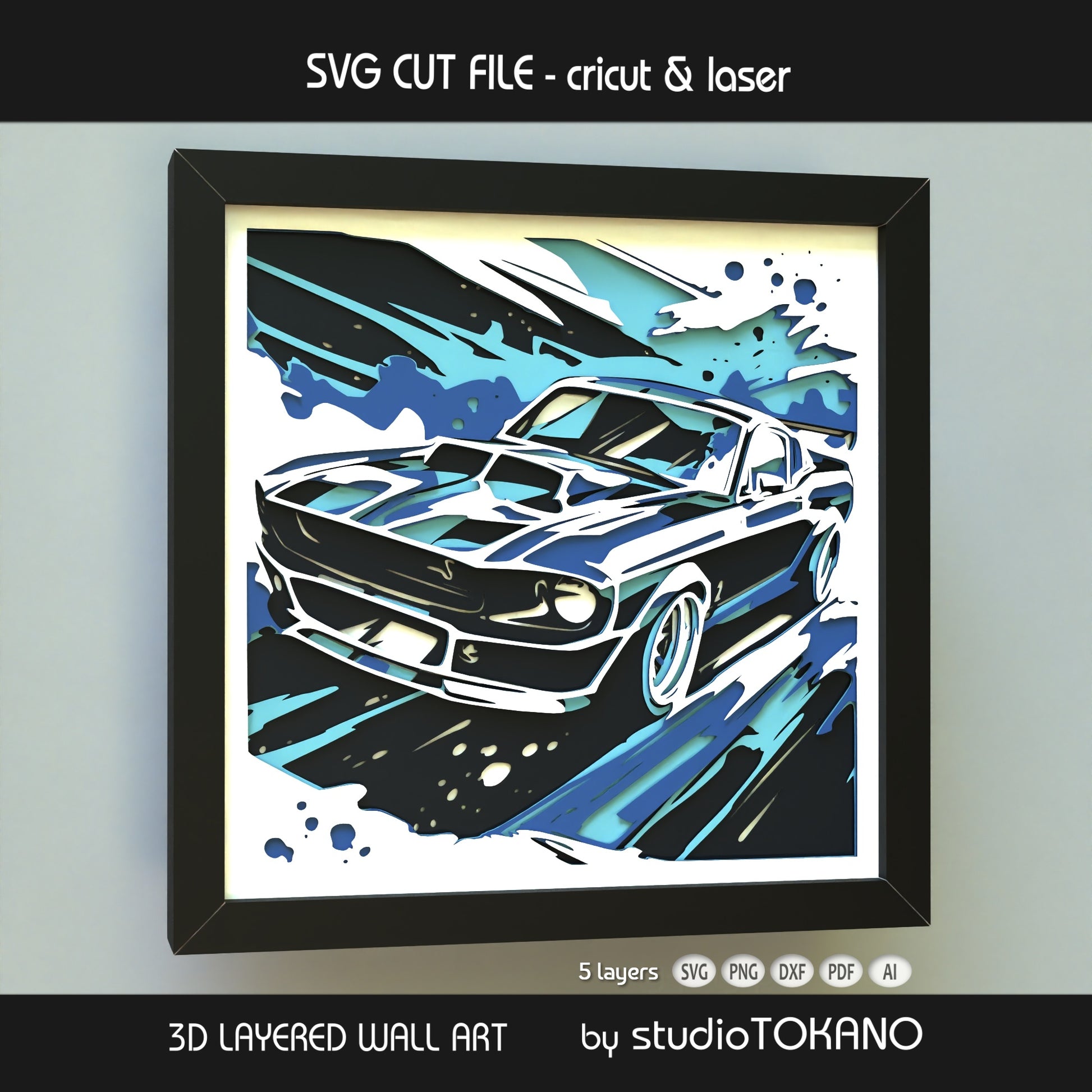 Close-up of the Mustang shadow box cut file showing clean layered cardstock detail, sharp car silhouette, and crisp papercut lines.