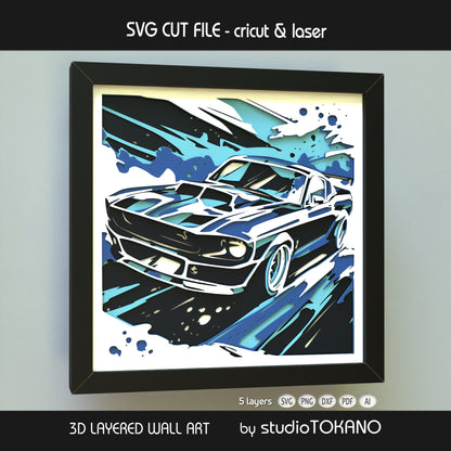 Close-up of the Mustang shadow box cut file showing clean layered cardstock detail, sharp car silhouette, and crisp papercut lines.