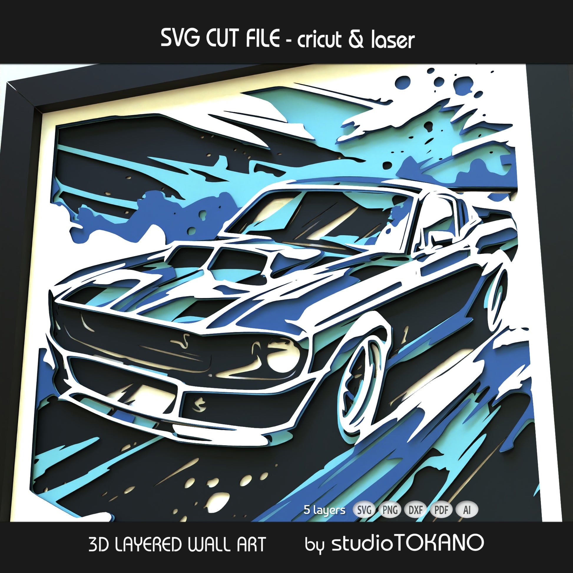Classic Mustang shadow box SVG shown as finished 3D layered papercut wall art with a modern muscle car look for Cricut and laser cutting.