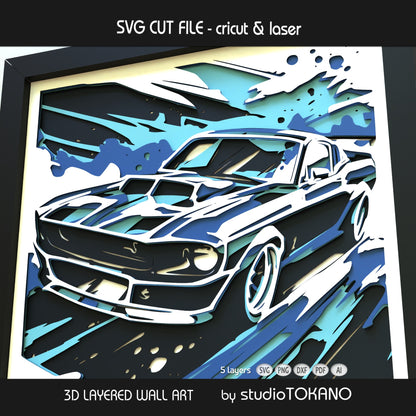Classic Mustang shadow box SVG shown as finished 3D layered papercut wall art with a modern muscle car look for Cricut and laser cutting.