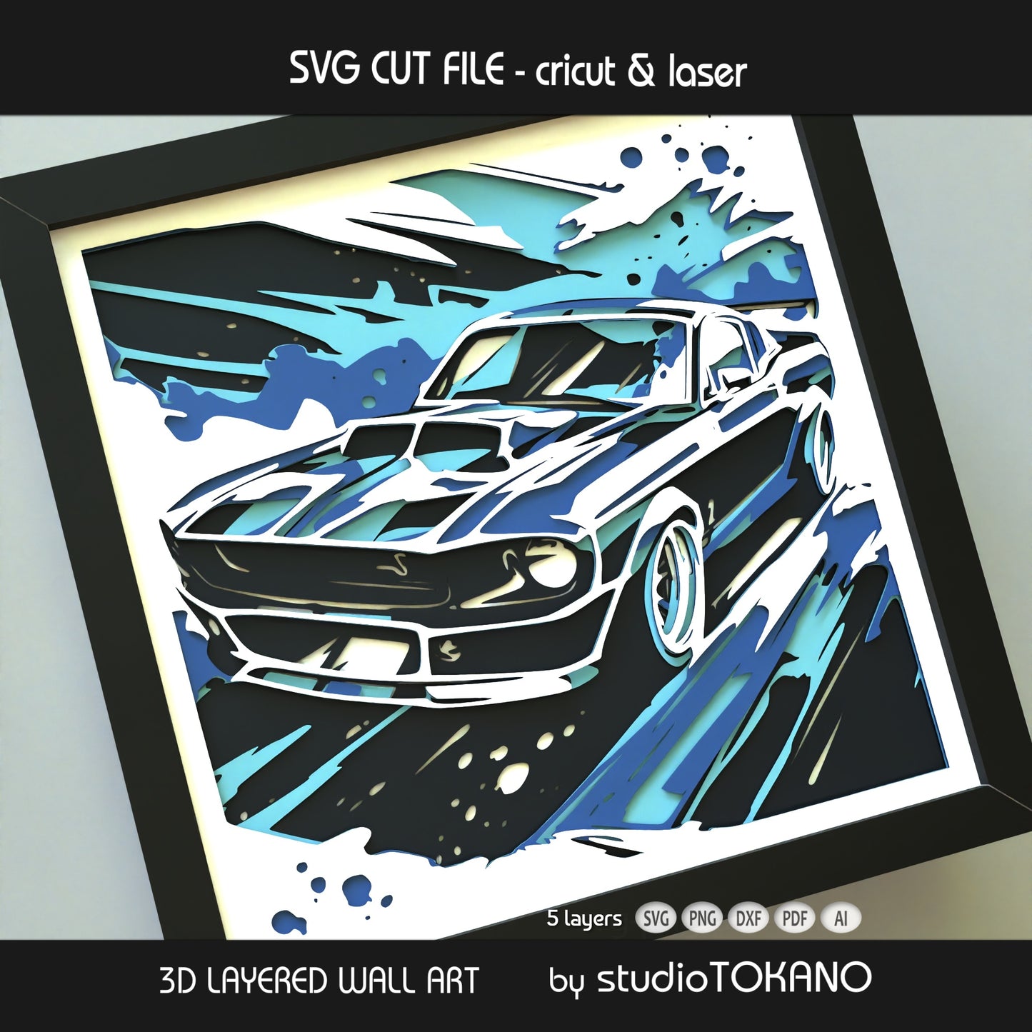Muscle car layered SVG shadow box with bold racing lines, stacked cardstock layers, and strong dimensional 3D depth.