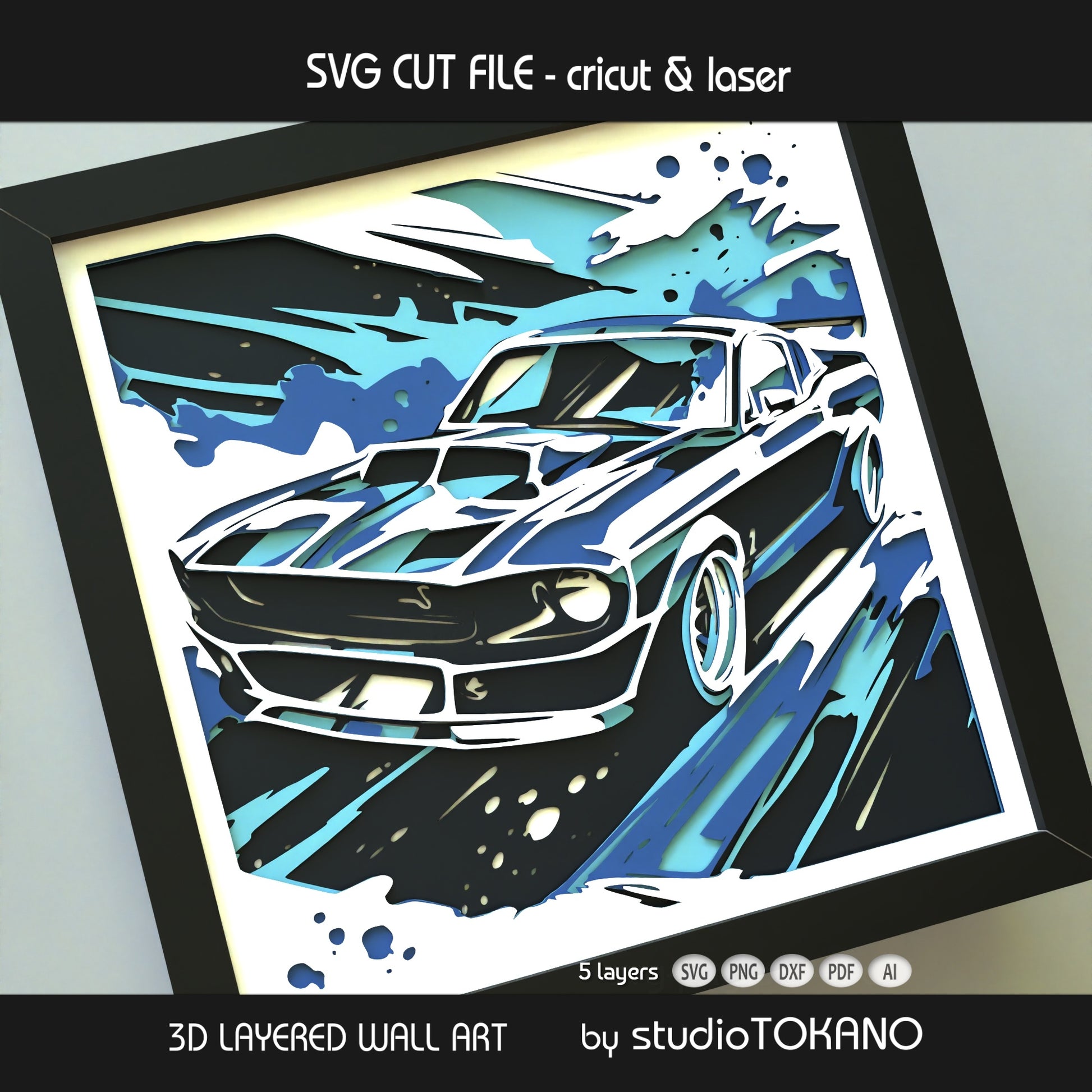 Muscle car layered SVG shadow box with bold racing lines, stacked cardstock layers, and strong dimensional 3D depth.