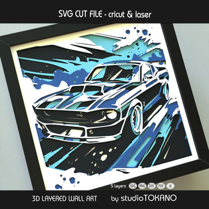 Muscle car layered SVG shadow box with bold racing lines, stacked cardstock layers, and strong dimensional 3D depth.