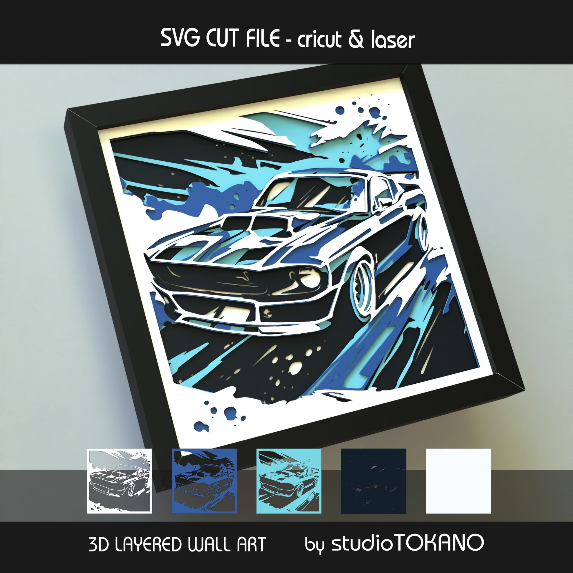 Classic sports car papercut SVG design shown as framed multilayer wall art for car lovers, garage decor, Cricut, Glowforge, xTool, and laser cutters.