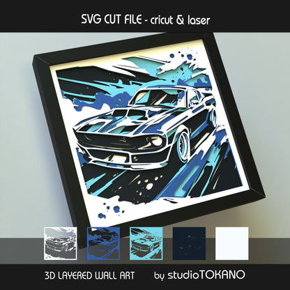 Classic sports car papercut SVG design shown as framed multilayer wall art for car lovers, garage decor, Cricut, Glowforge, xTool, and laser cutters.