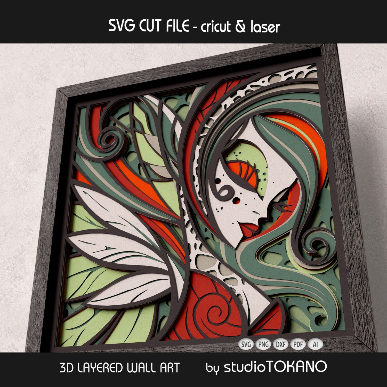 Woodland fairy 3D layered shadow box art designed as a Cricut, Silhouette, Glowforge, and xTool cut file.