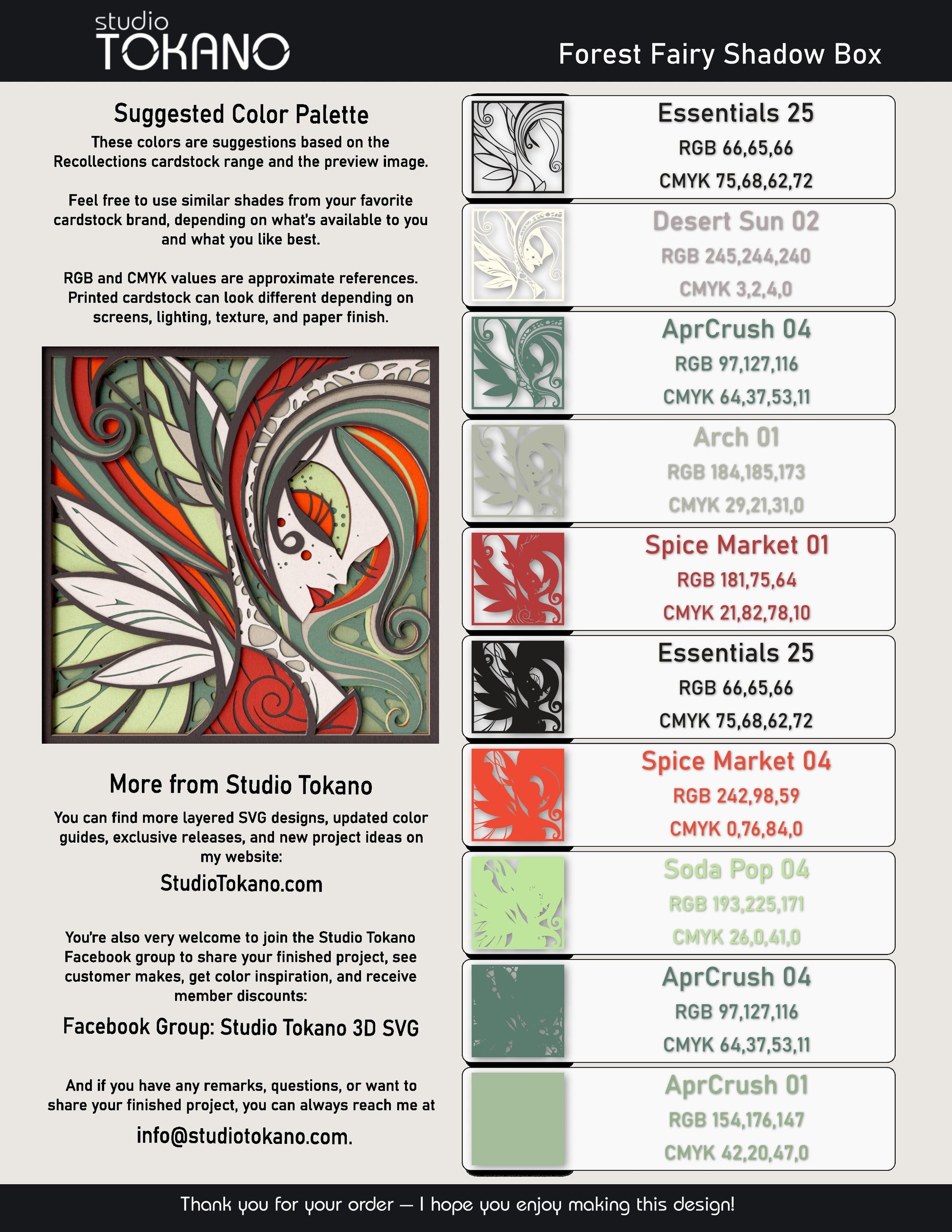 Forest fairy shadow box SVG layer guide showing the separate papercut layers and color arrangement for Cricut and laser cut assembly.