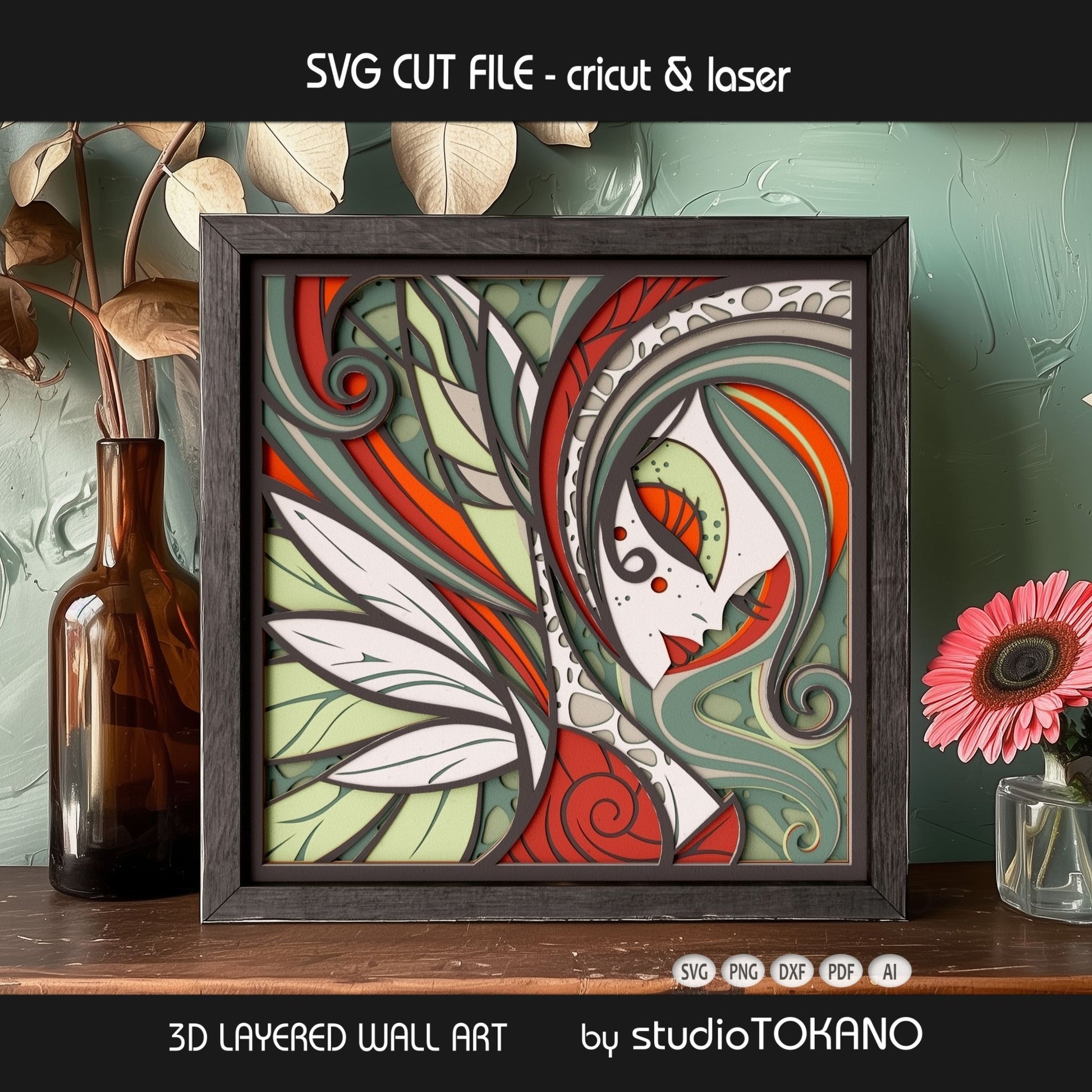 Forest fairy shadow box SVG displayed as framed 10-layer fantasy wall art for Cricut and laser cutting.