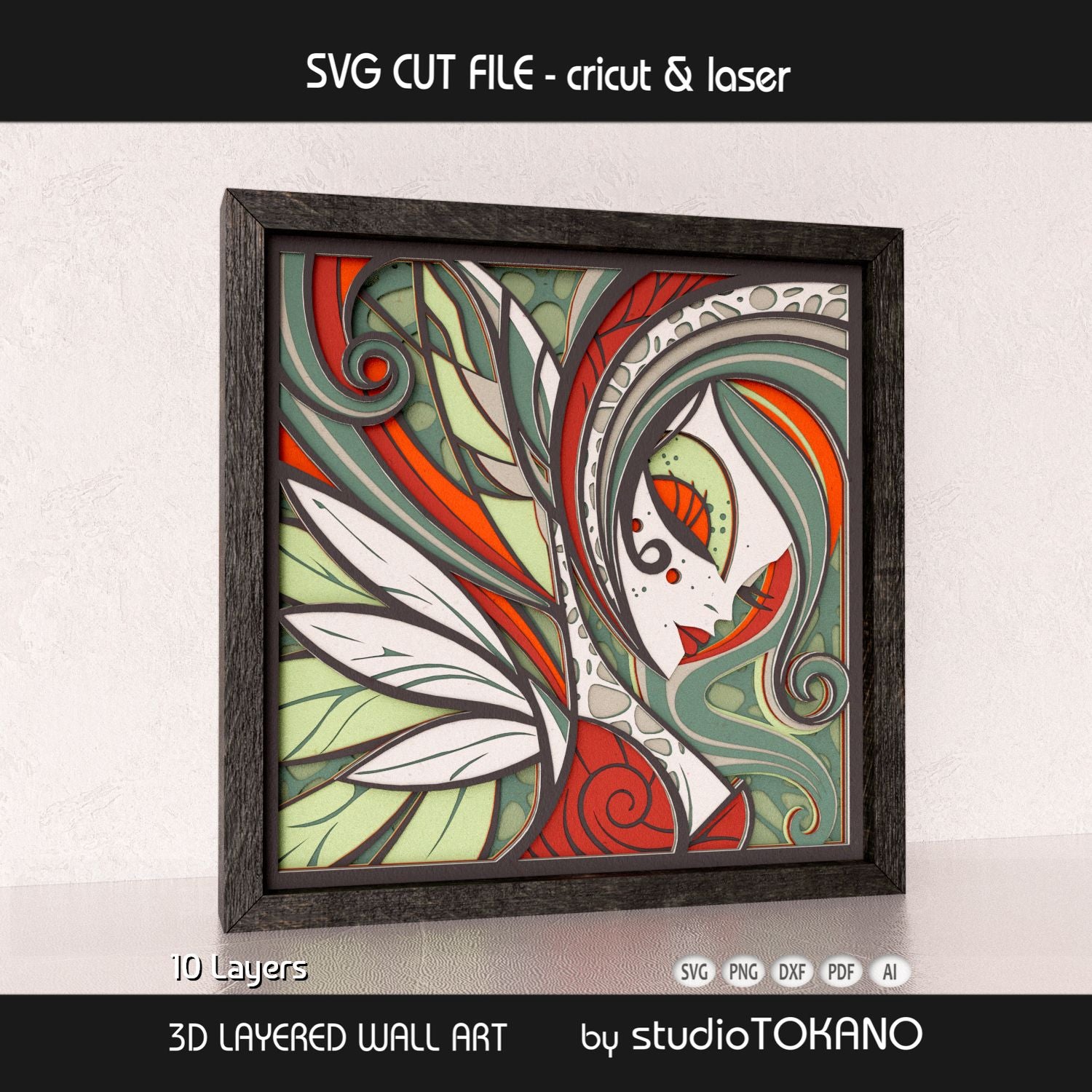 Side-angle view of the forest fairy shadow box SVG showing clean cut edges, layered cardstock depth, and 3D papercut construction.
