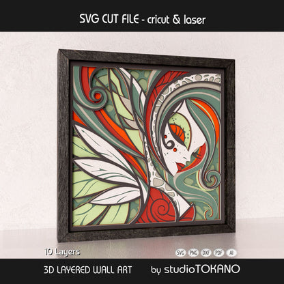 Side-angle view of the forest fairy shadow box SVG showing clean cut edges, layered cardstock depth, and 3D papercut construction.