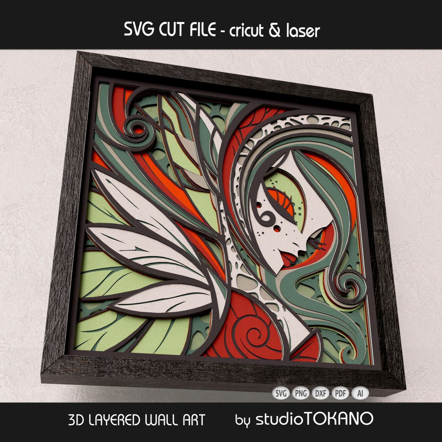 Close-up of the forest fairy layered SVG design showing fantasy portrait details, flowing shapes, and stacked 10-layer construction.
