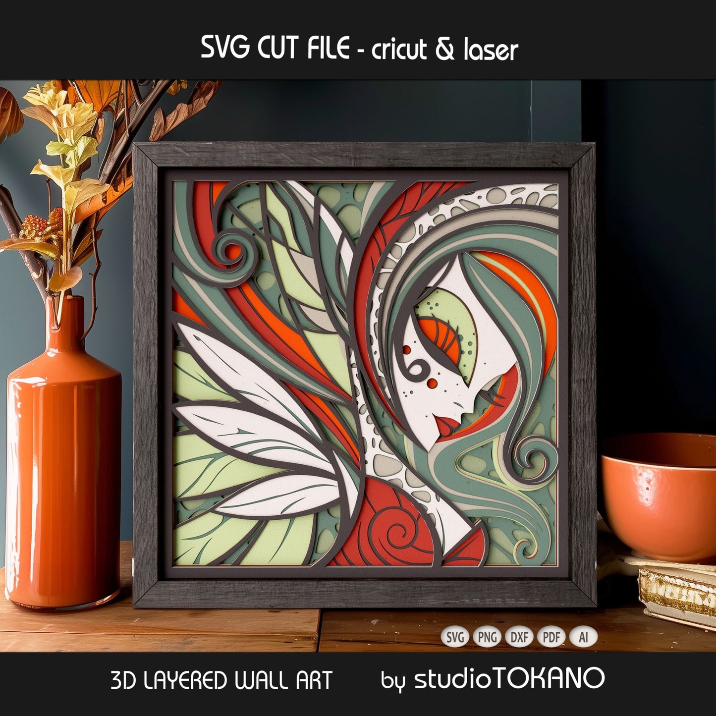 Framed forest fairy layered wall art shown as a finished shadow box design with stacked cardstock depth and clean papercut detail.