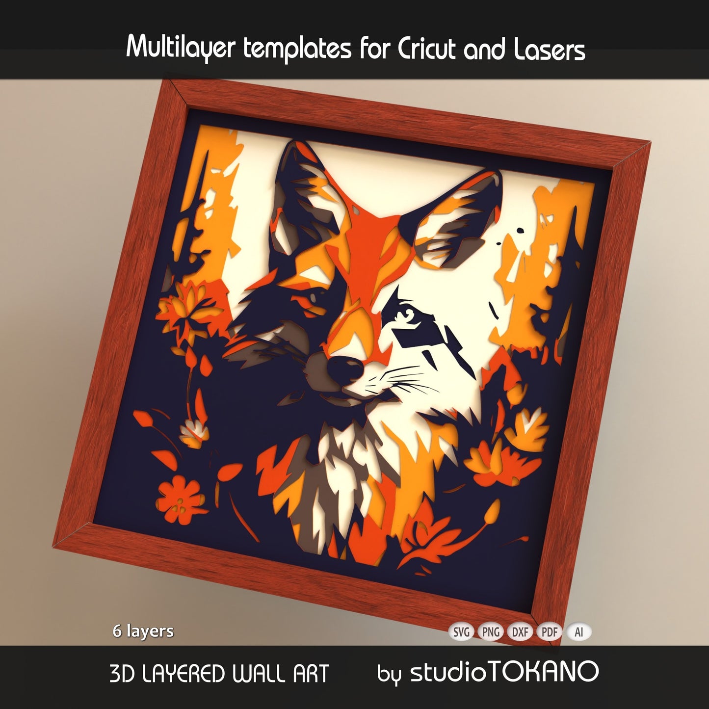Fox 3D layered shadow box art with forest florals, designed as a Cricut and laser cut file for woodland wall decor.