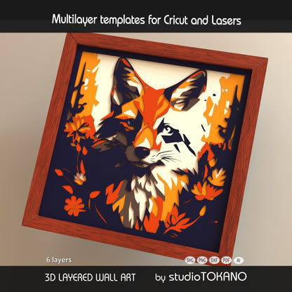 Fox 3D layered shadow box art with forest florals, designed as a Cricut and laser cut file for woodland wall decor.