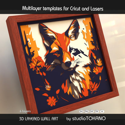 Framed fox layered wall art shown from an angled view, highlighting the 3D depth, stacked cardstock layers, and forest floral details.