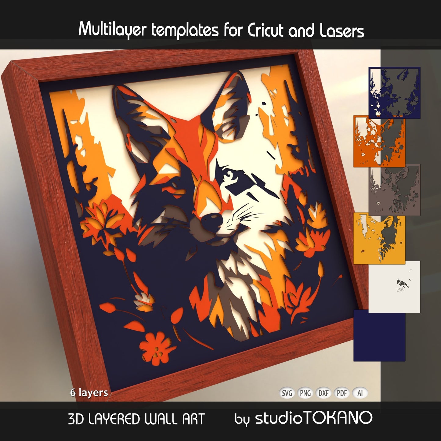 Fox shadow box SVG layer guide showing the separate papercut layers and color arrangement for Cricut, Silhouette, Glowforge, and xTool assembly.