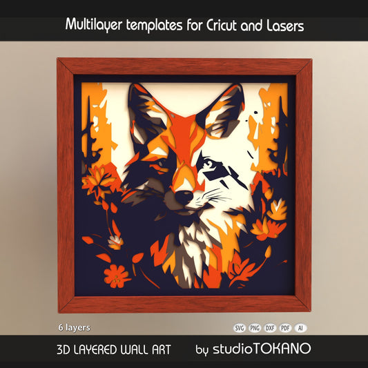 Side-angle view of the fox shadow box SVG showing clean cut edges, dimensional cardstock layers, and bold woodland papercut detail.