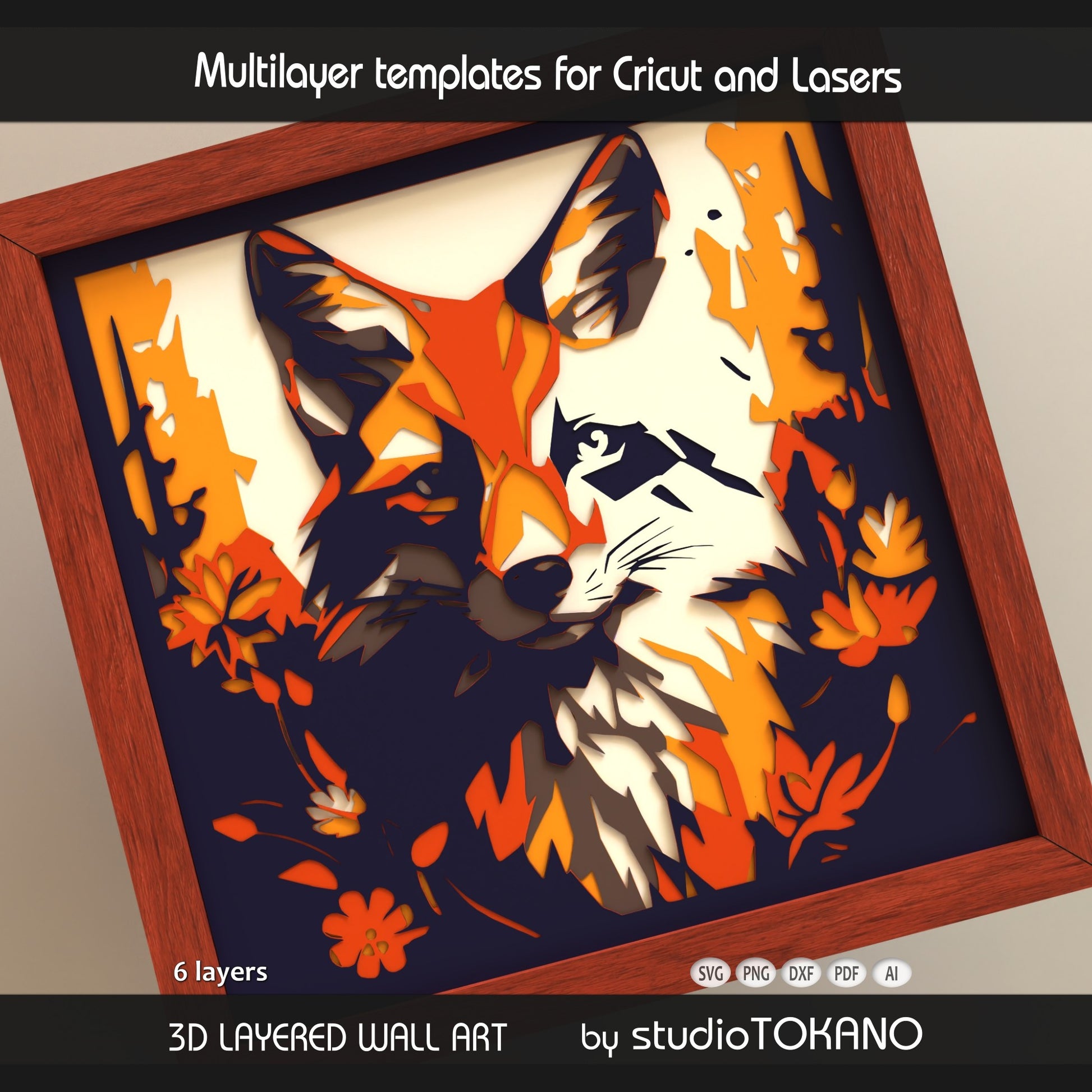 Fox shadow box SVG shown as finished framed wall art, perfect for woodland decor, fox lover gifts, and layered paper craft projects.