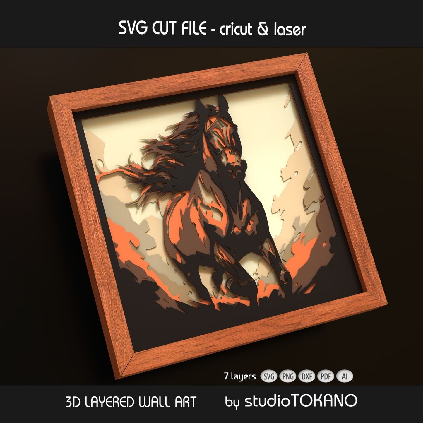Galloping horse 3D layered shadow box art designed as a Cricut and laser cut file for equestrian decor and horse wall art.
